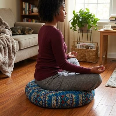 femme assise sur un zafu rond bleu