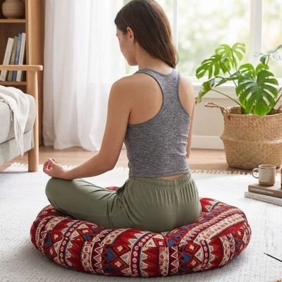 femme assise sur un zafu rond qui médite