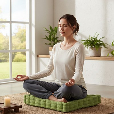 femme assise sur un zafu zafu vert