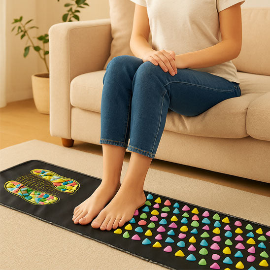femme qui pose ces pieds sur un tapis d acupression